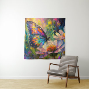 Bunter Schmetterling und Wildblumen bei Sonnenaufg Wandteppich