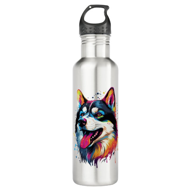 bunter sibirischer Husky-Hund im PopArt-Stil Edelstahlflasche (Vorderseite)