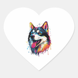 bunter sibirischer Husky-Hund im PopArt-Stil Herz-Aufkleber