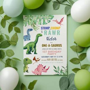 Bunter süßer Dinosaurier zum 1. Geburtstag Einladung