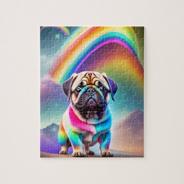 Bunter Süßer Mops Mit Regenbogen Puzzle (Vertikal)