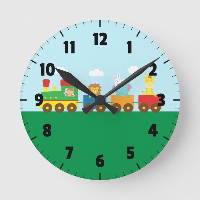 Bunter Tier-Zug für Kinderschlafzimmer Runde Wanduhr (Vorderseite)