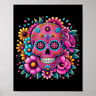 Bunter Totenkopf mit Blumen mexikanischer Herren Poster