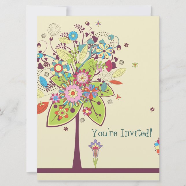 bunter Vektorbaum-Blume Geburtstag Einladung (Vorderseite)