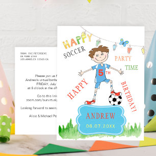 Bunter virtueller Geburtstag für einen Fußballjung Einladungspostkarte