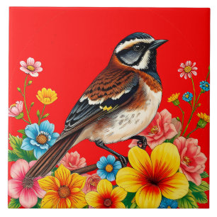 Bunter Vogel auf Blumen sitzend Fliese