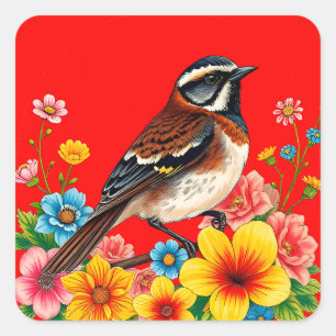 Bunter Vogel auf Blumen sitzend Quadratischer Aufkleber