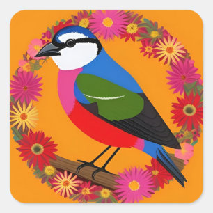 🌸 Bunter Vogel auf Blumen sitzend Quadratischer Aufkleber