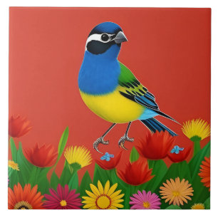Bunter Vogel auf lebendigen Blumen sitzend Fliese