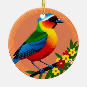 Bunter Vogel auf lebendigen Blumen sitzend Keramik Ornament