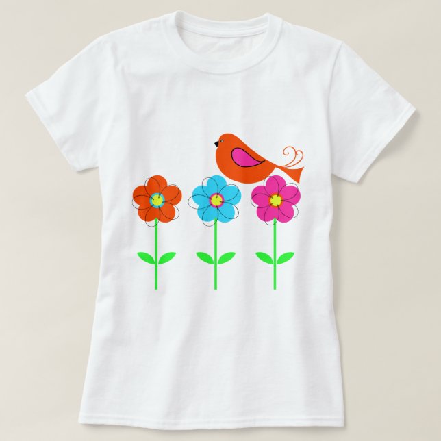 bunter Vogel mit bunten Blumen T-Shirt (Design vorne)