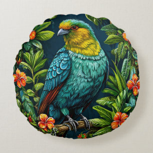 Bunter Vogel mit floralem Rahmen Rundes Kissen