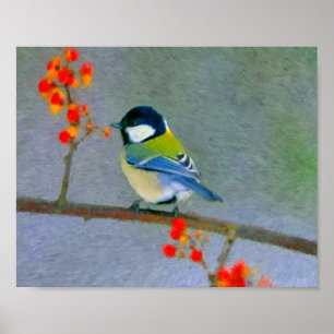 Bunter Vogel mit roten/orangen Blumen Poster