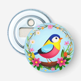 Bunter Vogel umgeben von Blumenkranz Flaschenöffner