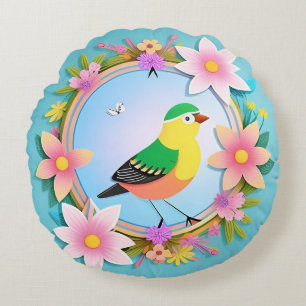 Bunter Vogel umgeben von einem Blumenkranz Rundes Kissen