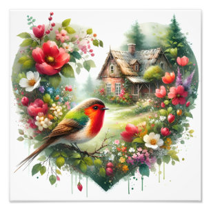 Bunter Vogel und Blumencottage Aquarell Fotodruck