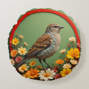 Bunter Vogel unter blühenden Blumen Geschenk Dekor Rundes Kissen