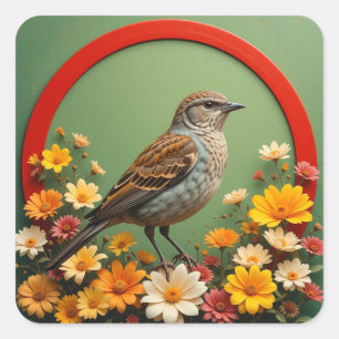 Bunter Vogel zwischen blühenden Blumen in Dekorati Quadratischer Aufkleber