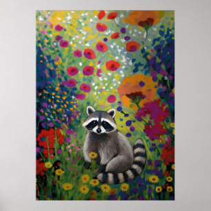 Bunter Waschbär in Wildblumengarten-Kunst-Tier  Poster