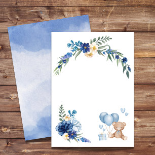 Bunter Wasserfarben-Blumen-Teddybär Blaue Ballon Einladung