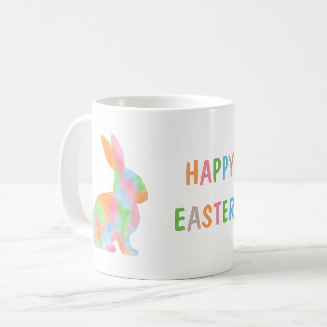 Bunter Wasserfarben-Hase und Happy Easter Text Kaffeetasse (Vorderseite Links)
