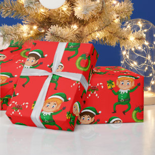 Bunter Weihnachtself und Zuckerstangenrot  Geschenkpapier