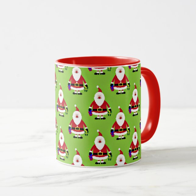 Bunter Weihnachtsmann, roter Besatz, Tasse (VorderseiteRechts)