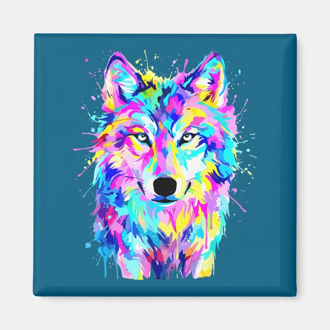 Bunter Wolf-Splash-Art-Wildtier  Magnet (Vorne)