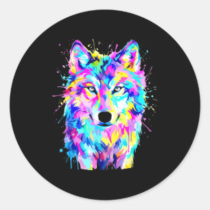 Bunter Wolf-Splash-Art-Wildtier- Runder Aufkleber