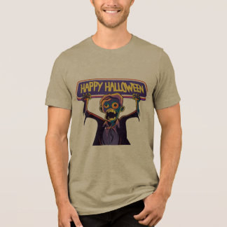 Bunter Zombie hält Happy Halloween-Banner - S Tri-Blend Shirt