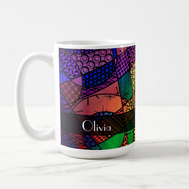 Buntes abstraktes mit Beschaffenheiten, Mustern u. Kaffeetasse (Links)