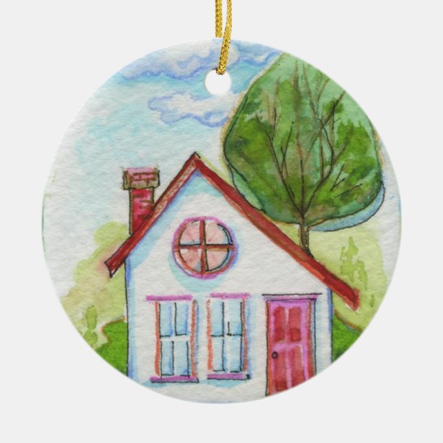 Buntes Aquarell-Haus Keramikornament (Vorne)