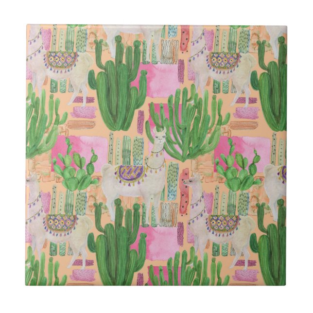 Buntes Aquarell-Lama-Muster Fliese (Vorderseite)