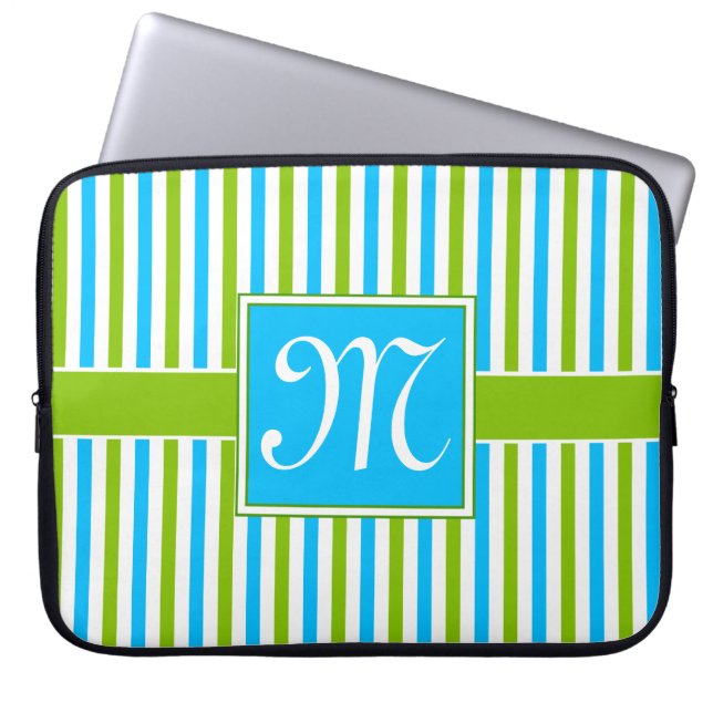 Buntes blaues und grünes Streifen-Muster-Monogramm Laptopschutzhülle (Vorderseite)