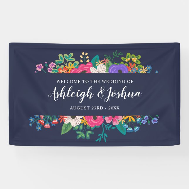 Buntes Blumen-Marine-Blau-Hochzeits-Willkommen Banner (Horizontal)