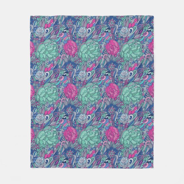 Buntes Blumengekritzel-Muster Fleecedecke (Vorderseite)