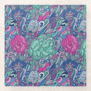 Buntes Blumengekritzel-Muster Glasuntersetzer