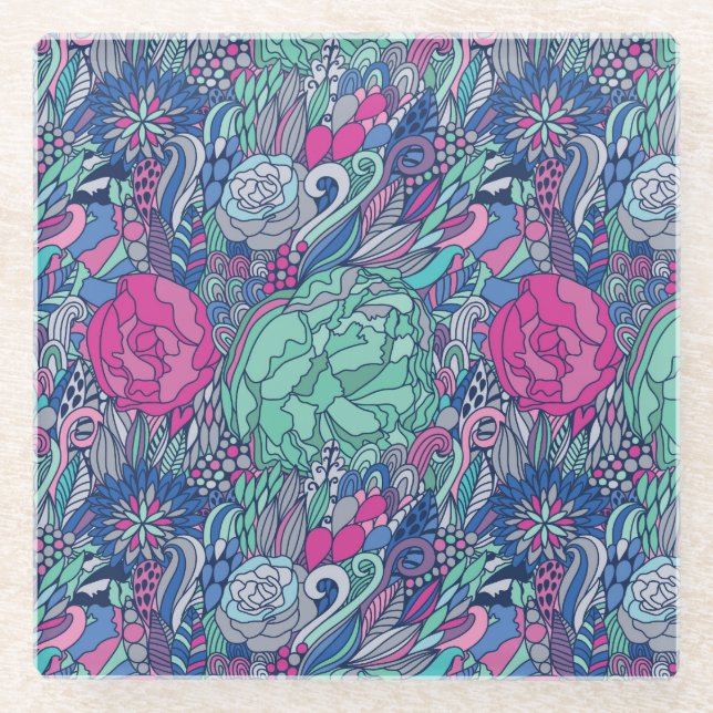 Buntes Blumengekritzel-Muster Glasuntersetzer (Vorderseite)