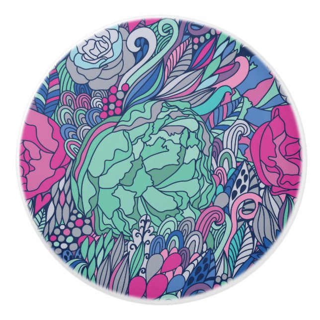 Buntes Blumengekritzel-Muster Keramikknauf (Vorderseite)