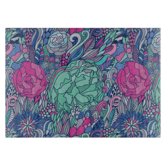 Buntes Blumengekritzel-Muster Schneidebrett (Vorderseite)