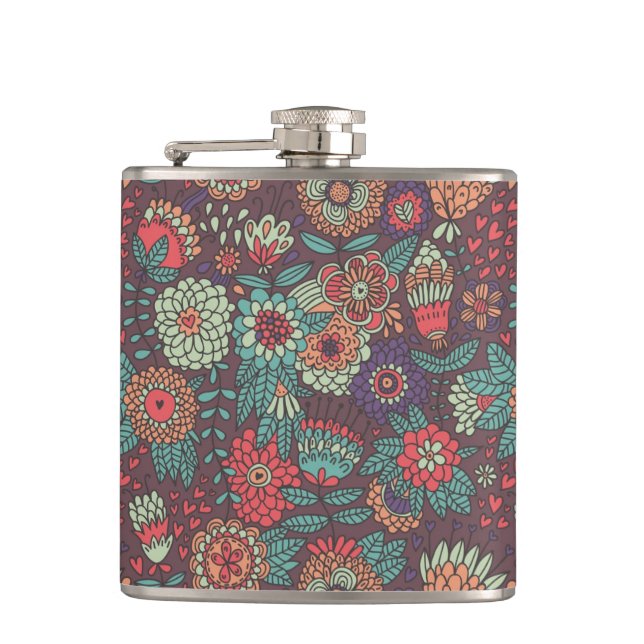 Buntes Blumenmuster in der Cartoonart Flachmann (Vorderseite)