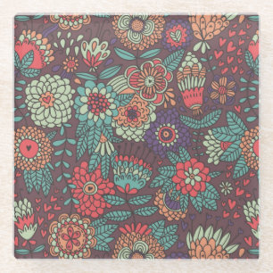 Buntes Blumenmuster in der Cartoonart Glasuntersetzer