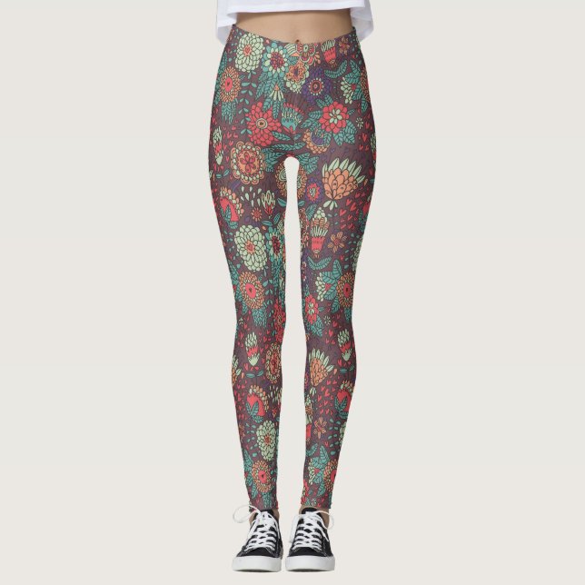 Buntes Blumenmuster in der Cartoonart Leggings (Vorderseite)