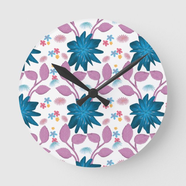 Buntes Blumenmuster Runde Wanduhr (Vorderseite)