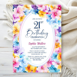 Buntes Blumenoval 21. Geburtstag Party Einladung