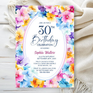 Buntes Blumenoval 30. Geburtstag Party Einladung