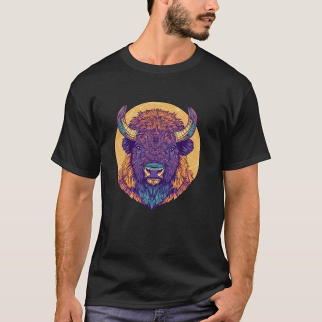 Buntes Büffelkopf-Mandala-Kunst T-Shirt (Vorderseite)