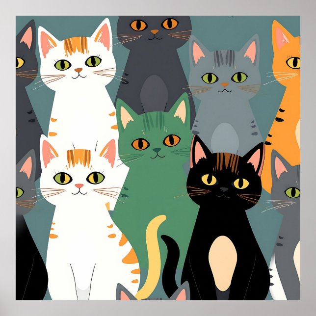 Buntes Cartoon-Katzenmuster Poster (Vorne)