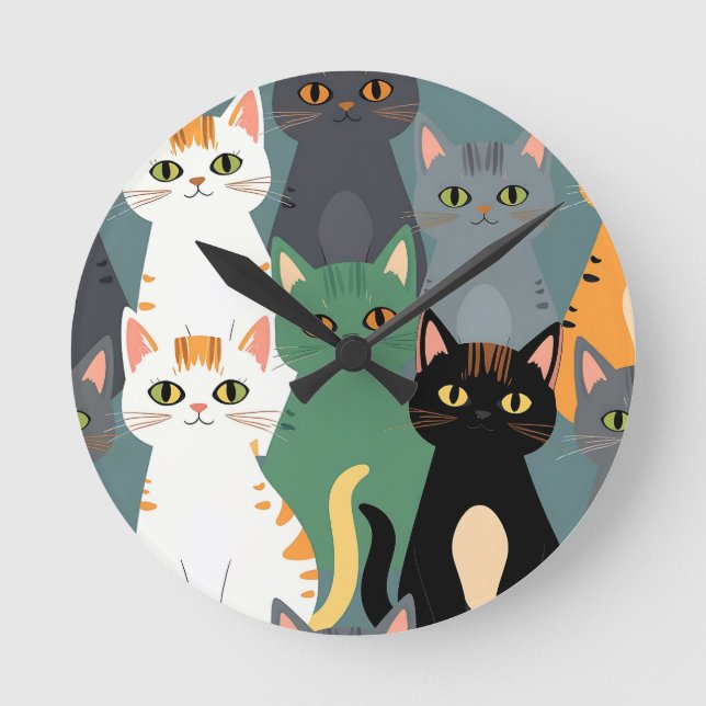 Buntes Cartoon-Katzenmuster Runde Wanduhr (Vorderseite)