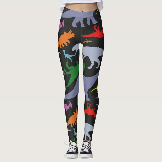 Buntes Dinosaurier-Muster (dunkel) Leggings (Vorderseite)